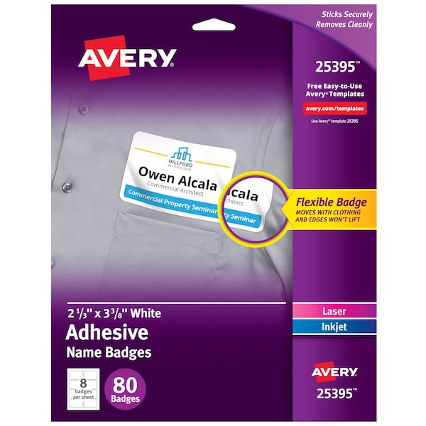 Avery Flexible Name Tag Stickers, White, PK80 25395 - main