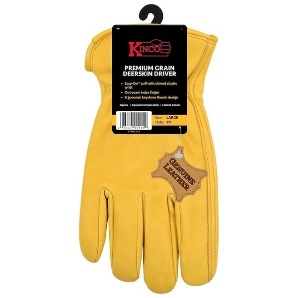 Kinco Driver Gloves, Men's, XL, Keystone Thumb, EasyOn Cuff, Deerskin Leather, Gold 90-XL - main
