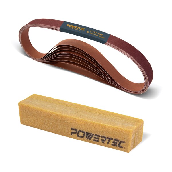 Powertec Sanding Belt Assortment, 1in W, 30in L, Aluminum Oxide, 24PK & Abrasive Cleaning Stick 11127-7N - main