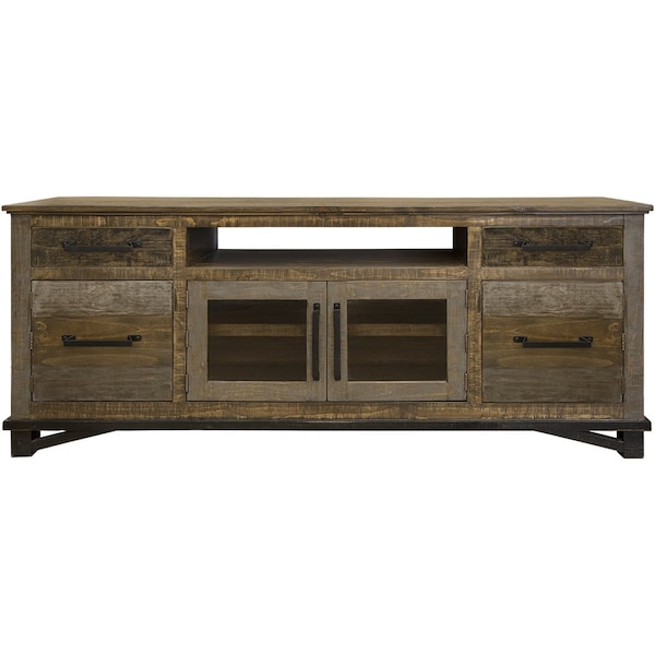 Homeroots 76" Brown Solid Wood Cabinet Enclosed Storage Distressed TV Stand 528722 - main