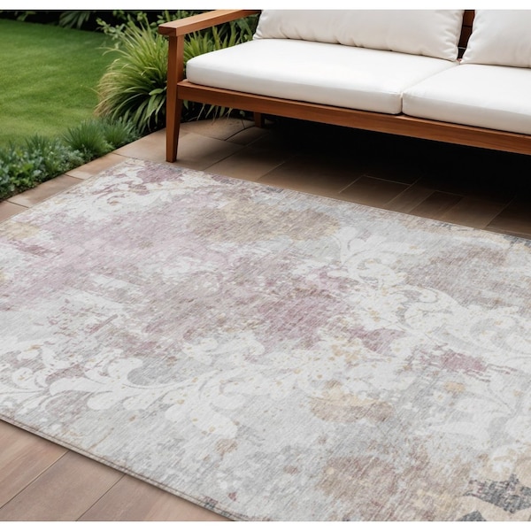 Homeroots 9' X 12' Ivory Light Purple And Gray Damask Washable Indoor Outdoor Area Rug 596391 - main