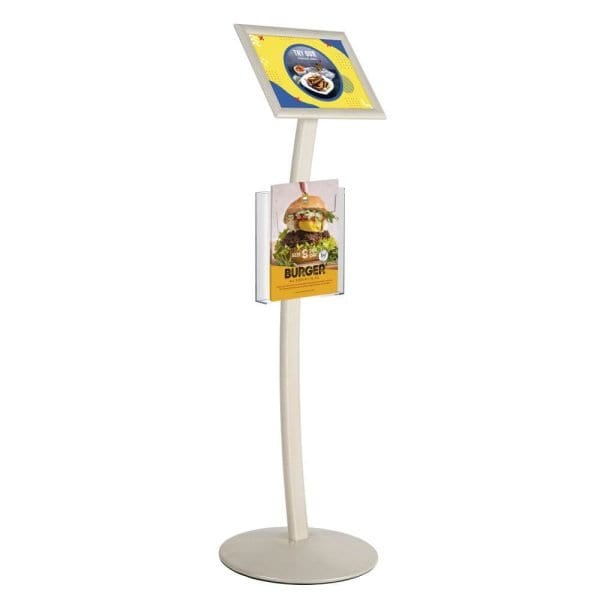 M&T Displays White Pearlic 8.5 x 11 Inch Pedestal Sign Holder w Clear Brochure Holder Menu Board Floor Standing UCUMB21581X9002 - main