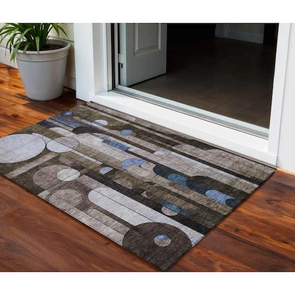 Homeroots 3' X 5' Brown Gray And Blue Geometric Washable Indoor Outdoor Area Rug 604494 - main