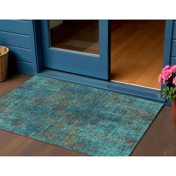 Homeroots 3' X 5' Teal Blue Navy Blue And Brown Abstract Washable Indoor Outdoor Area Rug 612364 - main