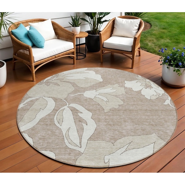 Homeroots 8' Taupe Beige And Ivory Round Floral Washable Indoor Outdoor Area Rug 589580 - main