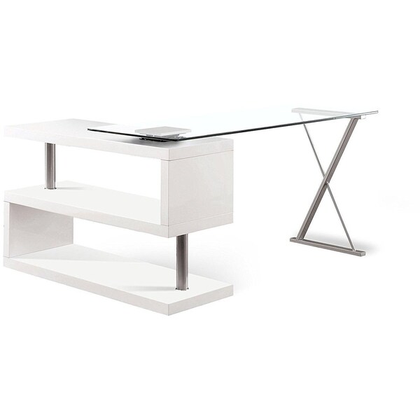 Homeroots 55" Clear and White Glass Mirrored L Shape Executive Desk 286409 - main