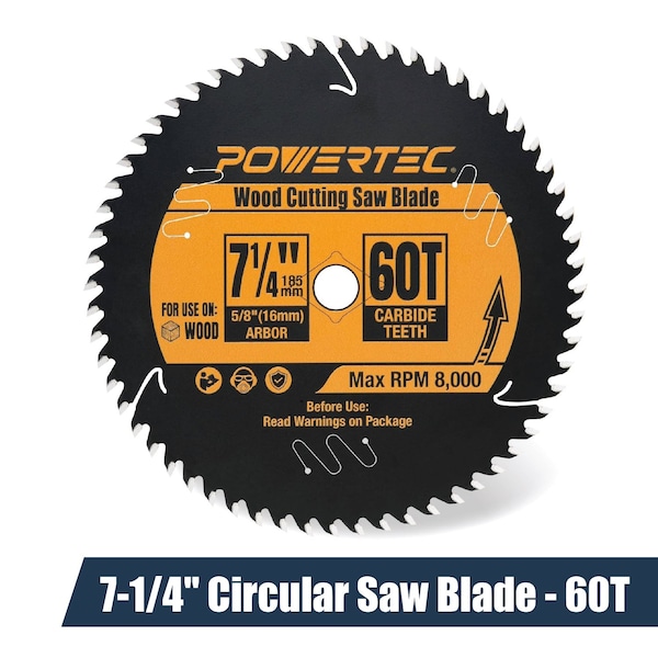 Powertec 7-1/4 Inch Circular Saw Blade, 60T, 5/8" Arbor, Thin Kerf Carbide Tipped Wood Cutting Blade 14016 - main
