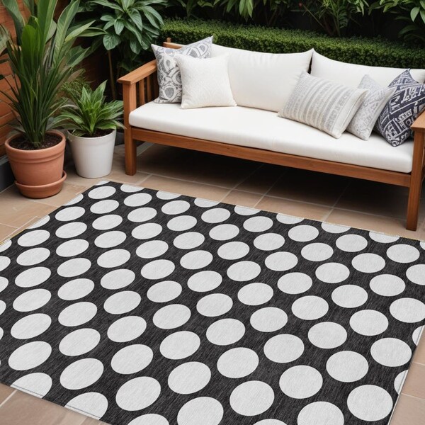 Homeroots 8' X 10' Black And Ivory Polka Dot Washable Indoor Outdoor Area Rug 595208 - main