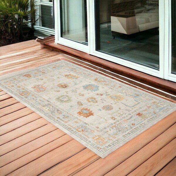 Homeroots 2' X 3' Blue and Orange Floral Stain Resistant Indoor Outdoor Area Rug 531488 - main