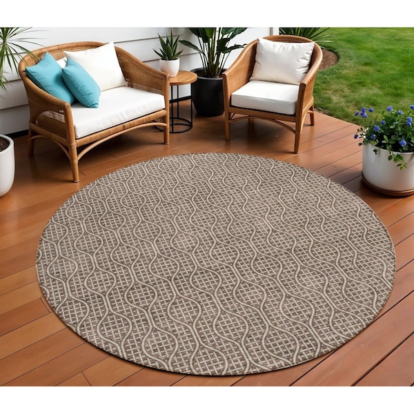 Homeroots 8' Brown And Beige Round Geometric Washable Indoor Outdoor Area Rug 595633 - main