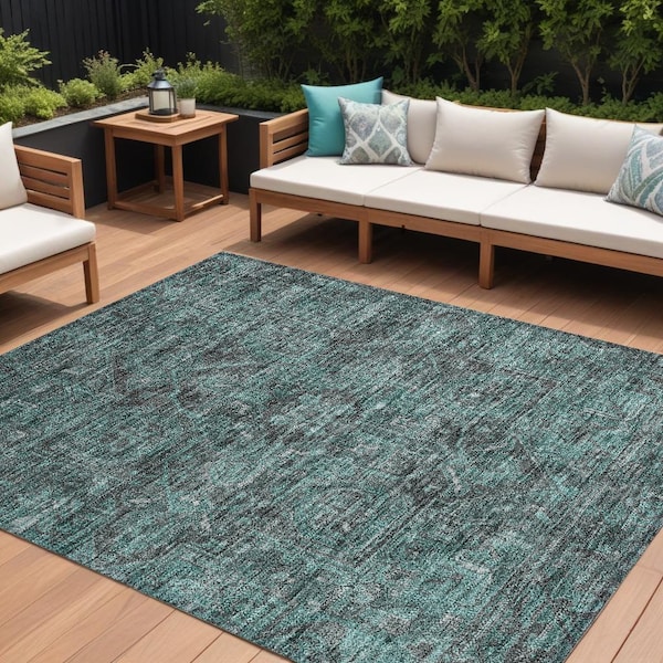 Homeroots 8' X 10' Turquoise Oriental Washable Non Skid Indoor Outdoor Area Rug 563850 - main