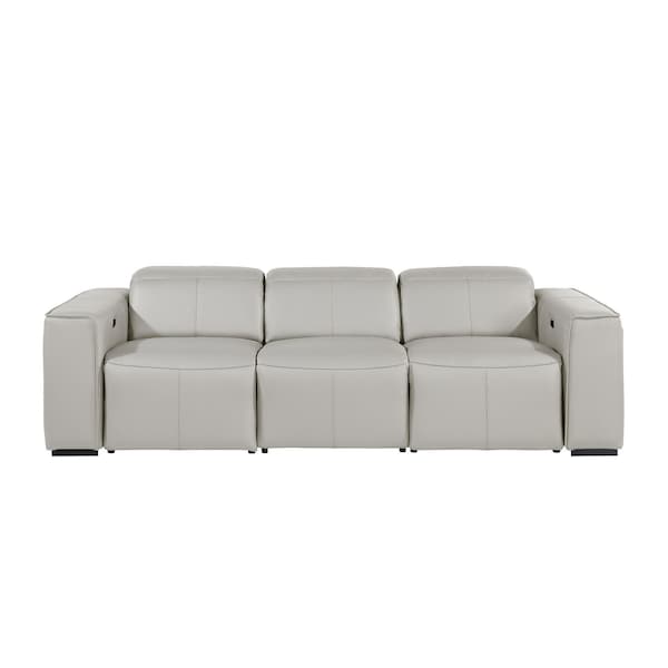 Homeroots 104" Light Gray Top Grain Leather Reclining Metal USB Sofa 720440 - main