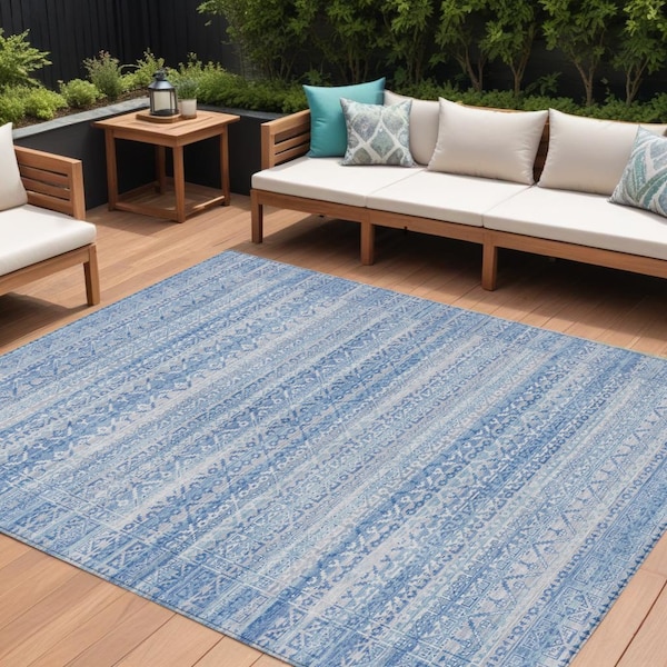 Homeroots 10' X 14' Sky Blue And Ivory Striped Washable Indoor Outdoor Area Rug 631520 - main