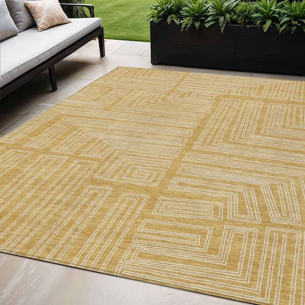Homeroots 5' X 8' Gold And Ivory Geometric Washable Indoor Outdoor Area Rug 600823 - main