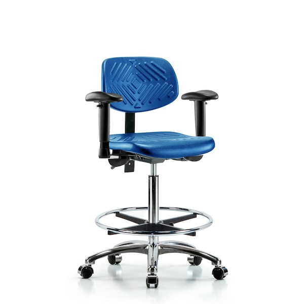 Blue Ridge Ergonomics Poly Chair Chrome, High Bench, Arms, Foot Ring, Casters, Blue BR-PHBCH-CR-T0-A1-CF-CC-BLU - main