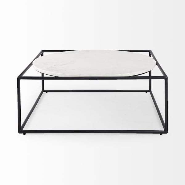 Homeroots 36" White and Black Genuine Marble and Metal Square Frame Coffee Table 393168 - main