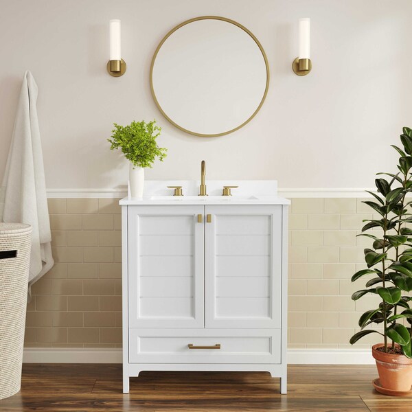 Flash Furniture Haven 30in. Vanity w/Sink, Storage Cabinet w/Gold Hardware, Bottom Drawer, Marble Countertop, Wht FS-BN-4-30-KD-WH-HDGLD-GG - main