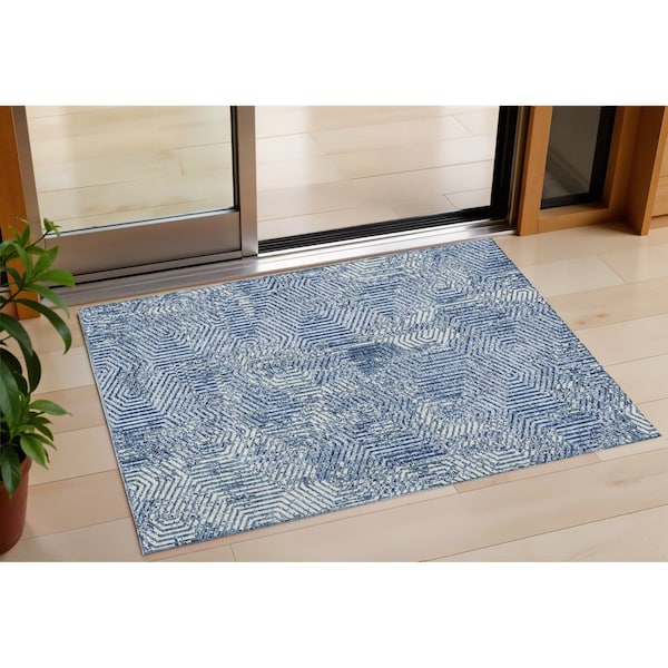 Homeroots 3' X 5' Navy Blue And Ivory Geometric Washable Indoor Outdoor Area Rug 594575 - main