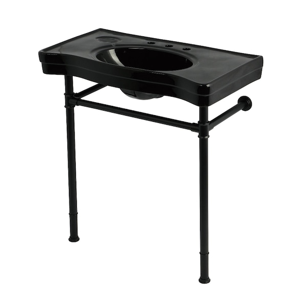 Kingston Brass 36" Ceramic Console Sink with Stainless Steel Legs, 8-Inch, 3-Hole, Black/Matte Black KVPB36198K80 - main