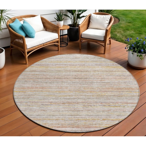Homeroots 8' Terra Cotta Round Striped Washable Indoor Outdoor Area Rug 607988 - main