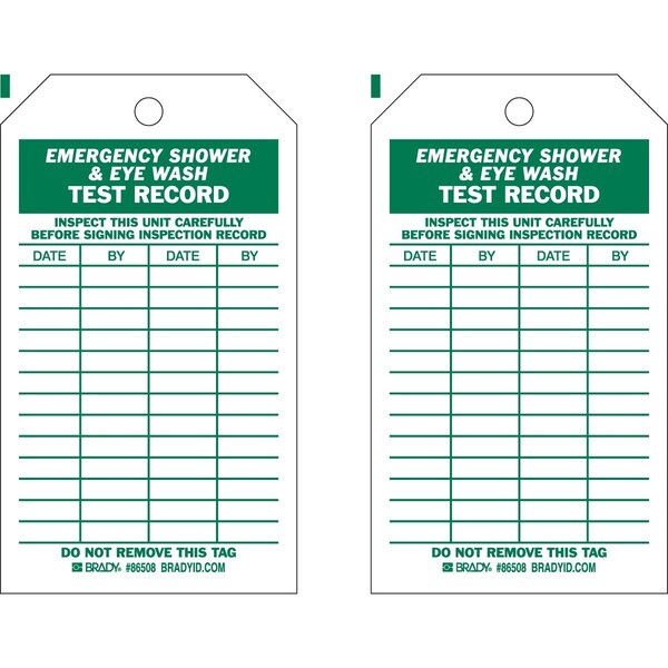 Brady Tag EMERGENCY SHOWER & EYEWASH TEST RECORD Polyester 7x4 Green on White 10/PK, 10PK 86508 - main