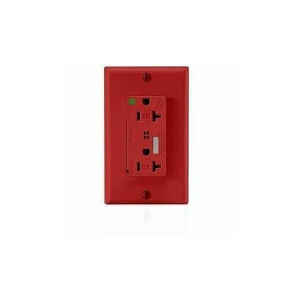 Leviton Straight Blade Receptacle, 5-20R, 20 A, 125V AC, 2 Pole, 3 Wire, Flush Mount, Single, Red T8380-R - main