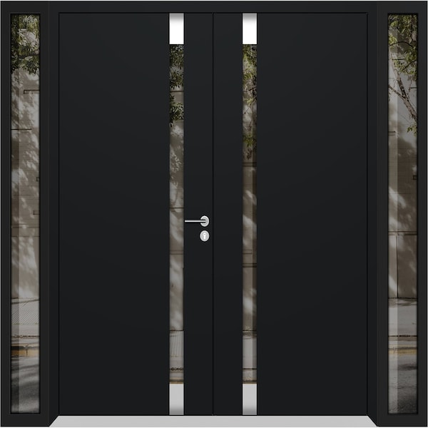 Vdomdoors Aluminum Double Doors Cynex 6777 Black 2 Sidelights Mirrored Clear Glass Modern Painted 104x80 (W16 CYNEX6777DEXD-BLK-W16+72+16xH80-RH-O - main