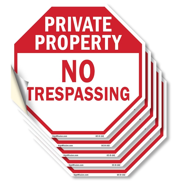 Signmission Private Property No Trespassing, 6 inch X 6 inch, Vinyl Decal, 5PK OC-D-5PACK-6-142 - main