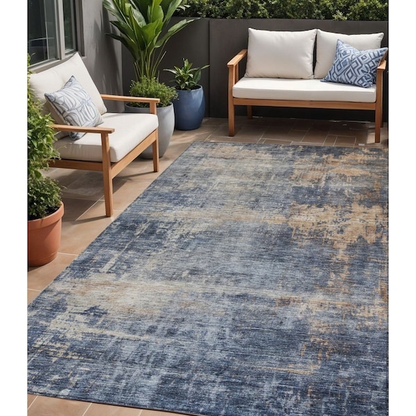 Homeroots 5' X 8' Denim Blue And Tan Abstract Washable Indoor Outdoor Area Rug 606141 - main