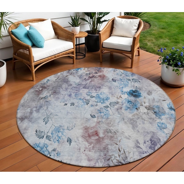 Homeroots 8' Navy Blue And Sky Blue Round Floral Washable Indoor Outdoor Area Rug 583102 - main