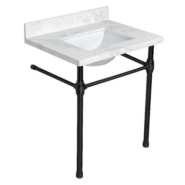 Kingston Brass 31" Quartz Console Sink with Brass Legs, 8-Inch, 3-Hole, Quartz White/Matte Black KVPB3122W38CRV0 - main