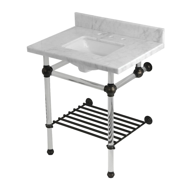 Kingston Brass 30-Inch Carrara Marble Console Sink with Acrylic Legs and Shelf, 8-Inch, 3-Hole KVPB30MASQB5 - main