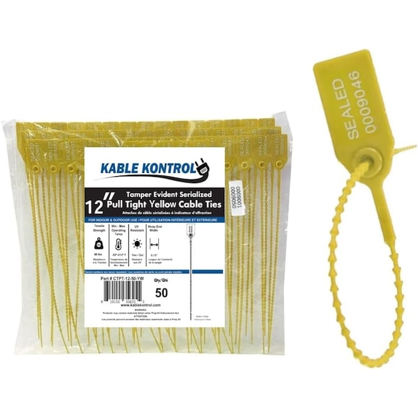 Kable Kontrol Pull Tight Cable Zip Tie Seals, Numbered Tamper Evident, 12in L, 50 Lbs Strength, Yellow, 50PK CTPT-12-50-YW - main