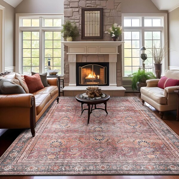 World Rug Gallery Vintage Inspired Machine Washable Non Slip Area Rug 9 ft x 12 ft Red 6029RED9X12 - main