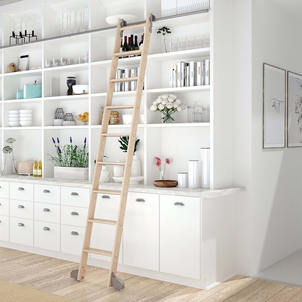 Quiet Glide 8.92 ft. Maple Contemporary Wheel Satin Nickel Rolling Hook Removable Ladder, 12 ft. Rail QG.540-9MA-12-H.02 - main