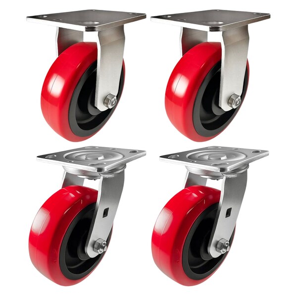 Hyw Products Heavy Duty Caster Set 6in Polyurethane on Plastic Wheels, 2 Rigid & 2 Swivel, 4PK 40-60R-A1-PU-2,40-60S-A1-PU-2 - main