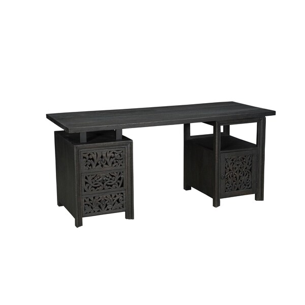 Homeroots 68" Black Carved Floral Scroll Solid Wood Computer Desk With Three Drawers 569608 - main