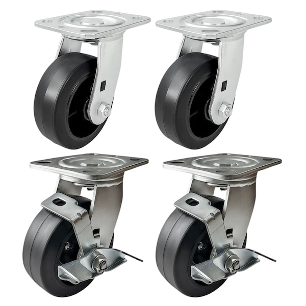 Hyw Products Heavy Duty Caster Set 5in Rubber on Cast Iron Wheels, 2 Swivel & 2 Swivel with Brake, 4PK 40-50S-A1-RC-2,40-50S-A1-RC-TB-2 - main