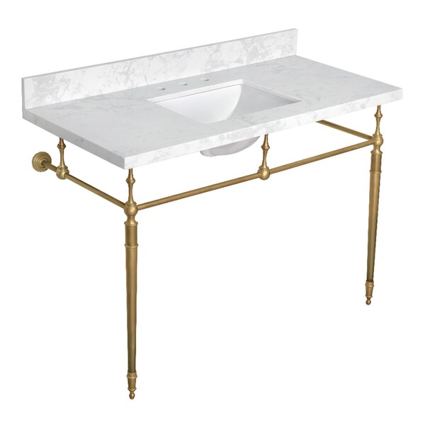 Kingston Brass 49" Quartz Console Sink with Brass Legs, 8-Inch, 3-Hole, Quartz White/Brushed Brass KVPB4922W38CRV7 - main
