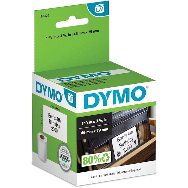 Dymo Label for VHS Top, 150/Roll, White, White, Black 30326 - main