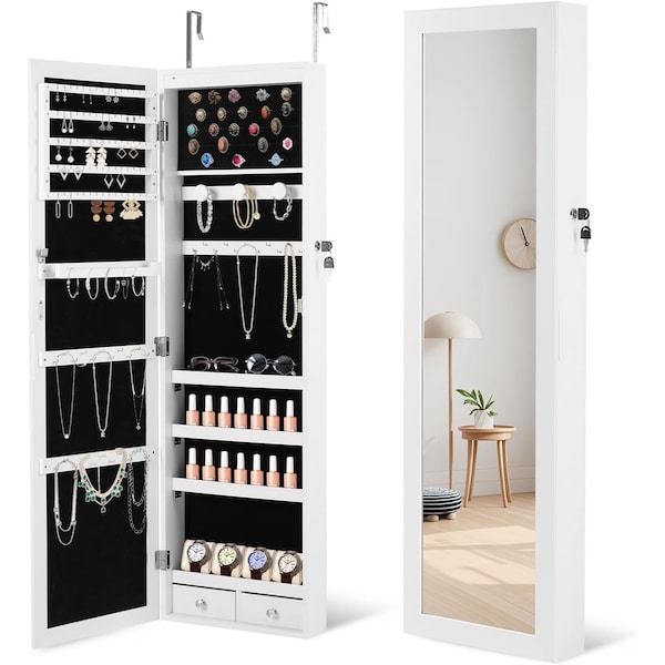 Simple Deluxe 47.2in Jewelry Cabinet Organizer Wall or Door Mounted with Full-Length Mirror and 6 LEDs Jewelry Or 3A88HICABTJEWHT - main
