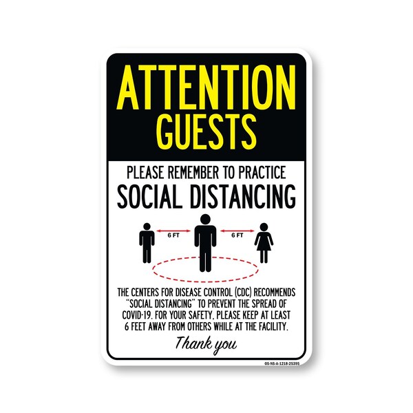 Signmission Public Safety, Attention Guests Practice Social Distancing, 18in X 12in Aluminum, OS-NS-A-1218-25395 OS-NS-A-1218-25395 - main