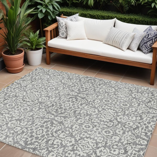 Homeroots 8' X 10' Gray And Ivory Damask Washable Indoor Outdoor Area Rug 595154 - main