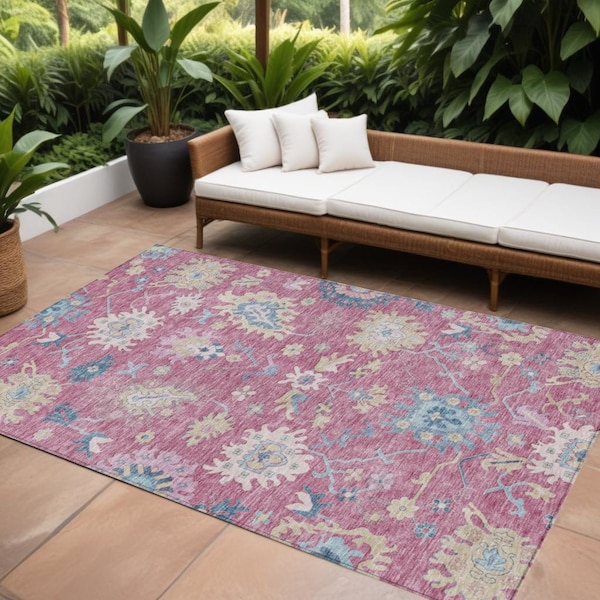 Homeroots 9' X 12' Pink Ivory And Denim Blue Floral Washable Indoor Outdoor Area Rug 605323 - main