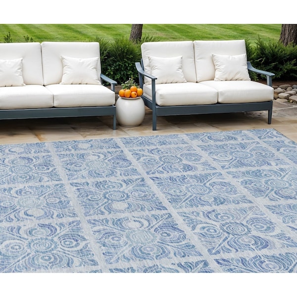 Homeroots 8' X 10' Sky Blue And Denim Blue Medallion Washable Indoor Outdoor Area Rug 589347 - main