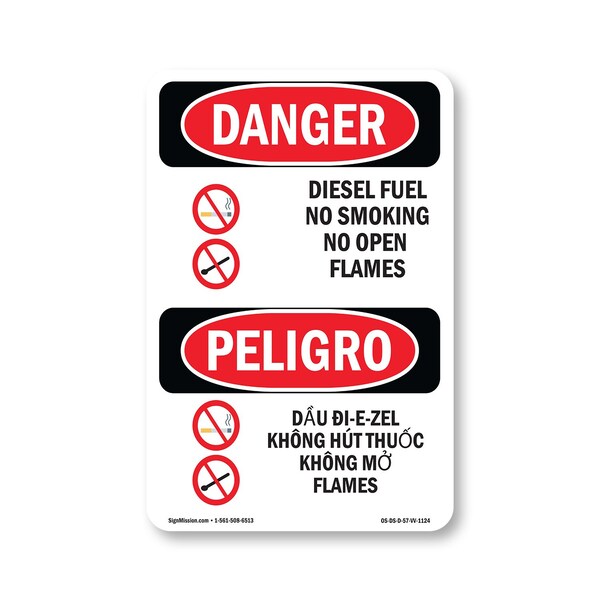 Signmission OSHA, Diesel Fuel No Smoking Bilingual, 7in X 5in, 5" W, 7" L, Diesel Fuel No Smoking Bilingual OS-DS-D-57-VV-1124 - main