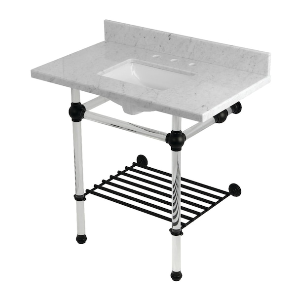 Kingston Brass 36-Inch Carrara Marble Console Sink with Acrylic Legs and Shelf, 8-Inch, 3-Hole KVPB36MASQB0 - main