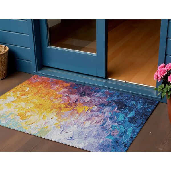 Homeroots 3' X 5' Gold Yellow And Teal Blue Abstract Washable Indoor Outdoor Area Rug 617353 - main