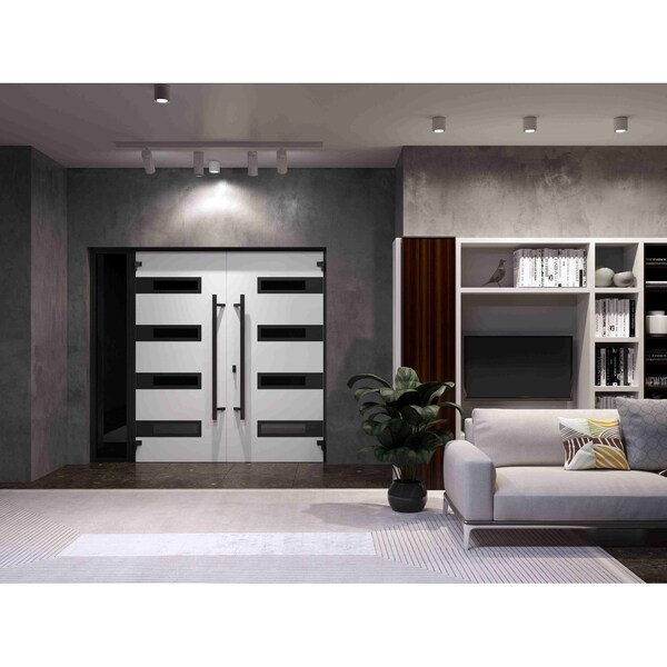 Vdomdoors Front Exterior Prehung Aluminum Double Doors Ronex0131 Grey 1 Sidelight Mirrored Clear Glass 1 RONEX0131DEXD-GRE-W72+14xH96-RH-O - main