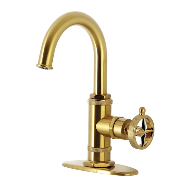 Kingston Brass One-Handle Single-Hole Bathroom Faucet with Deck Plate and Push Pop-Up Drain, Brushed Brass KSD2217RNK - main
